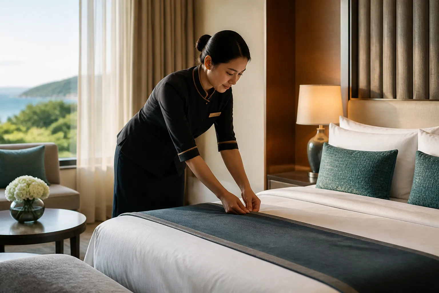 Hospitality professional preparing a premium guest room