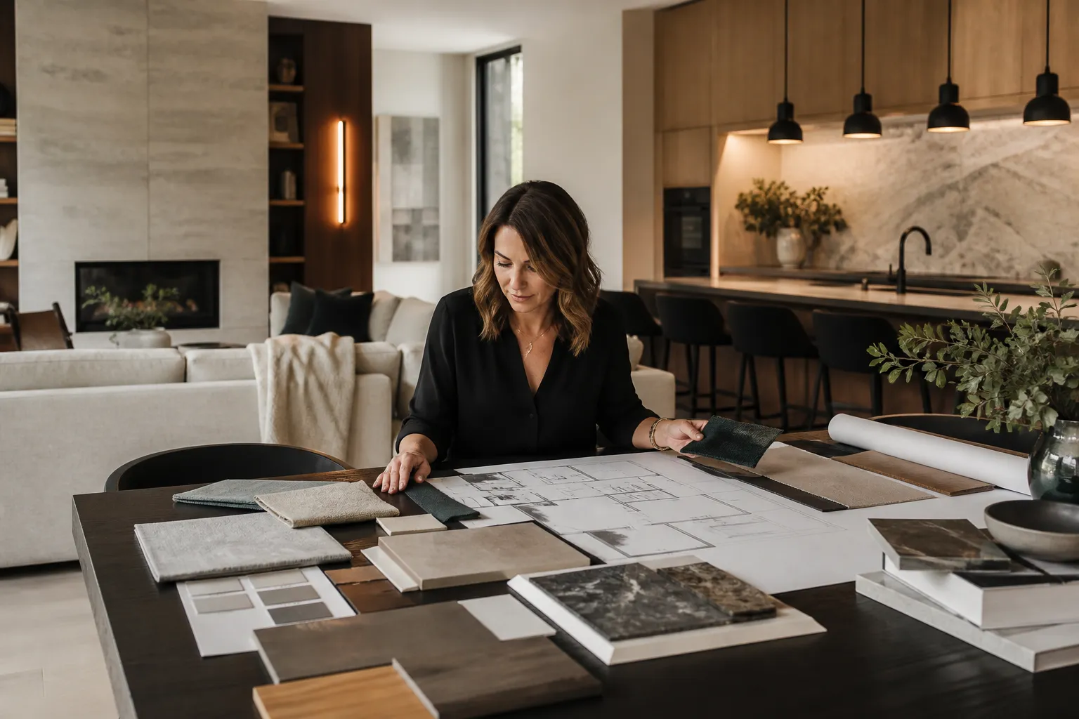 Interior designer reviewing plans and material samples