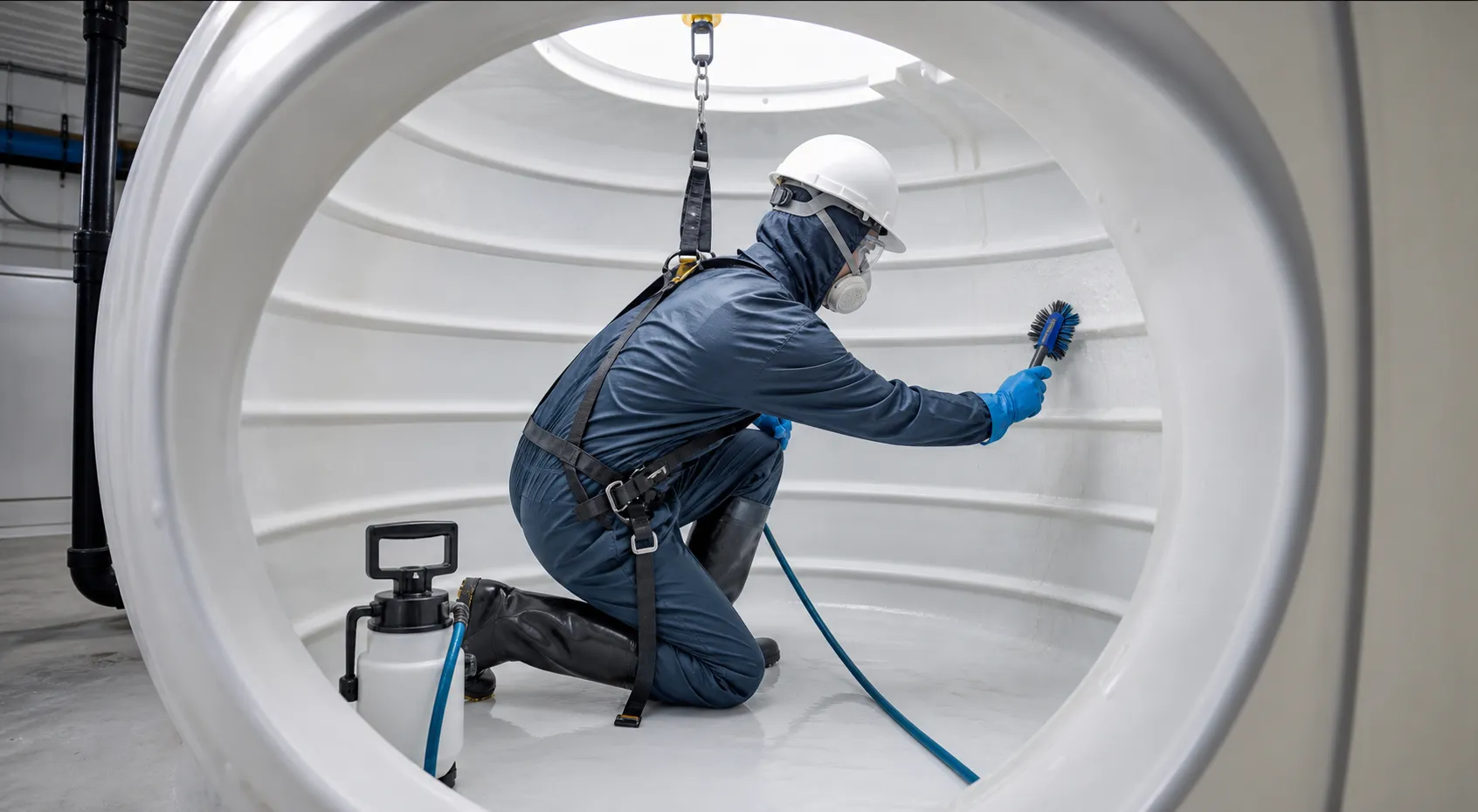 Trained technician safely cleaning a water storage tank